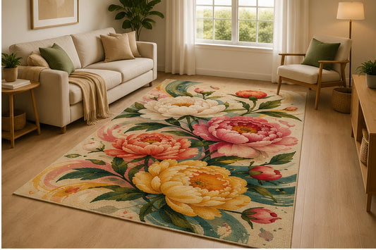 ICE ARMOR 5' x 7' Watercolor Peony Bloom Area Rug for Living Room, Soft Low Pile Indoor Rug with Non-Slip Silicone Backing, Bedroom, Office, Family Room, Cream Pink