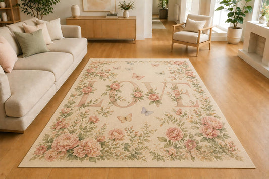 ICE ARMOR 5' x 7' Vintage Rose Love Garden Area Rug, Soft Low Pile Indoor Rug with Non-Slip Silicone Backing for Living Room, Bedroom, Family Room, Cottage Decor, Cream Pink Green