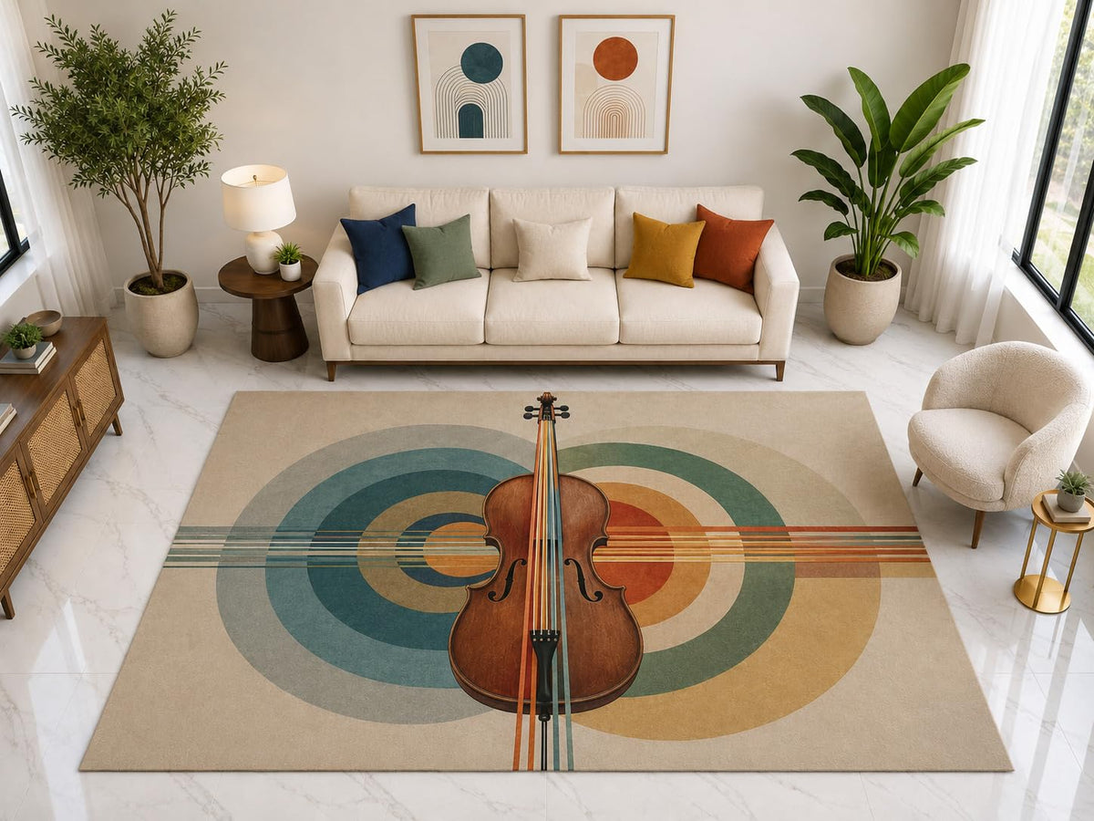 ICE ARMOR "Ultra Light Weight Large 6'7" x 9'10" Violin Circle Art Rug, Soft Low Pile Indoor Rug, Non-Slip Silicone Backing for Living Room Beige