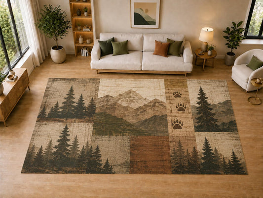 ICE ARMOR "Ultra Light Weight Large 6'7" x 9'10" Mountain Pine Forest Decor, Living Room, Bedroom, Dining Room, Office, Family Room, Soft Low Pile Indoor Rug, Non-Slip Silicone Backing, Brown