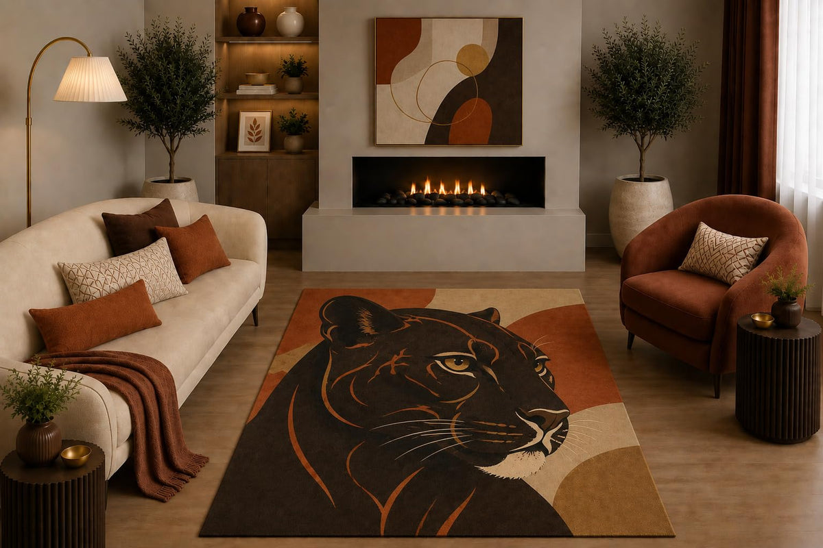 ICE ARMOR "Ultra Light Weight 5' x 7' Black Panther Area Rug Terracotta Boho Wildlife Art Modern Decor for Living Room Bedroom Non-Slip Silicone Backing Low Pile