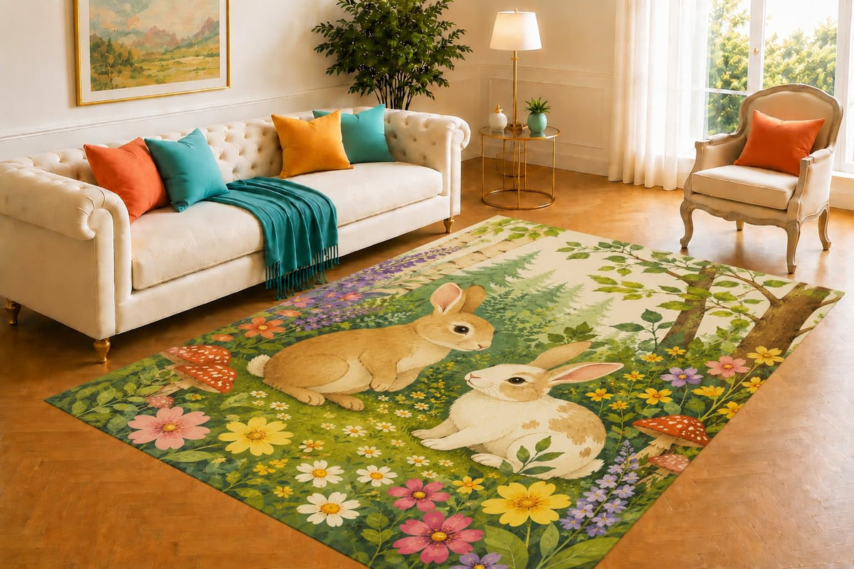 ICE ARMOR 5' x 7' Woodland Rabbits Forest Area Rug, Soft Low Pile Non-Slip Indoor Carpet for Living Room, Bedroom, Nursery, Cabin, Family Room and Rustic Nature Home Decor, Brown