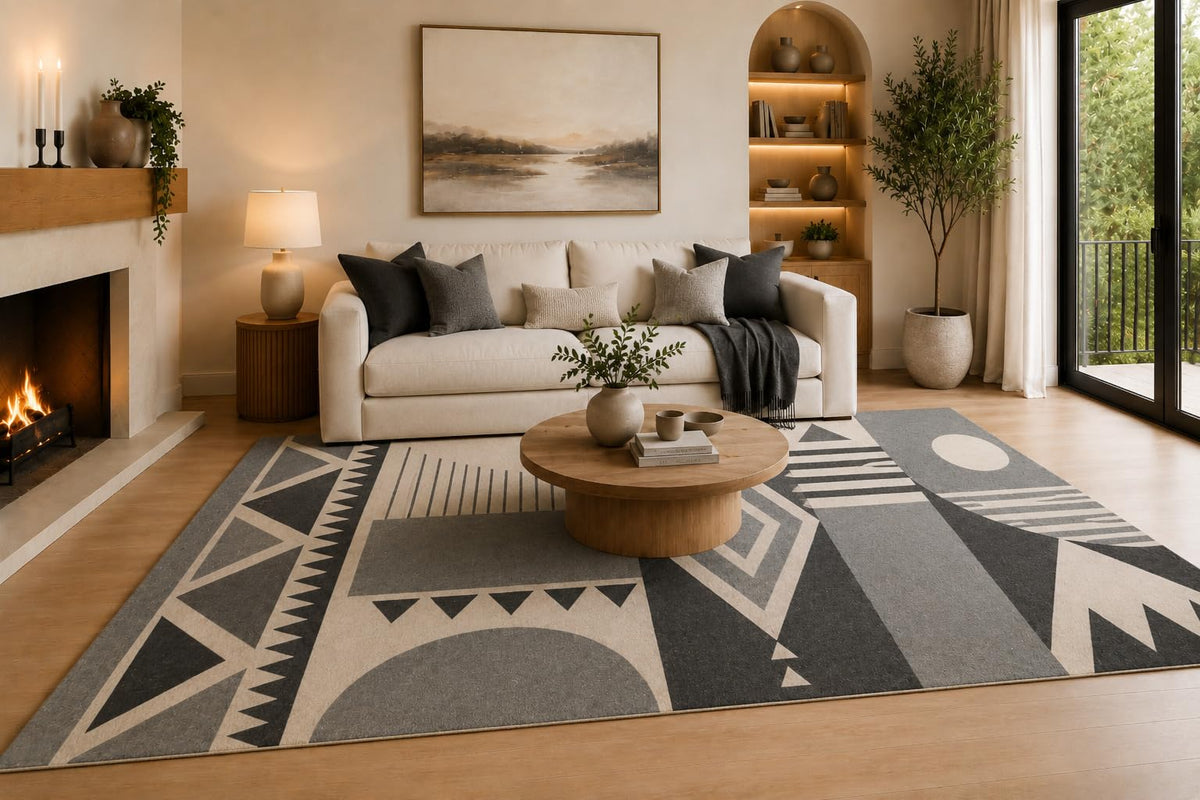 ICE ARMOR 6'7" x 9'10" Gray, Charcoal and Cream Tribal Geometric Forms Area Rug for Living Room, Soft Low Pile Carpet with Non-Slip Backing, Floor Decor for Bedroom, Dining Room and Home Office