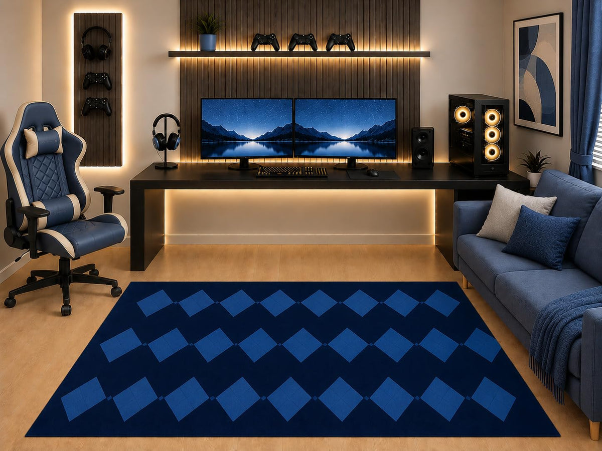 ICE ARMOR "Ultra Light Weight 5' x 7' Navy Blue Diamond Grid Area Rug Modern Geometric Pattern for Boys Teen Bedroom Gaming Room Living Room Non-Slip Silicone Backing Low Pile