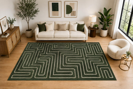 ICE ARMOR Large 6'7" x 9'10" Modern Linear Maze Area Rug for for Bedroom, Living Room, Soft Low Pile Indoor Rug with Non-Slip Silicone Backing, Forest Green Beige