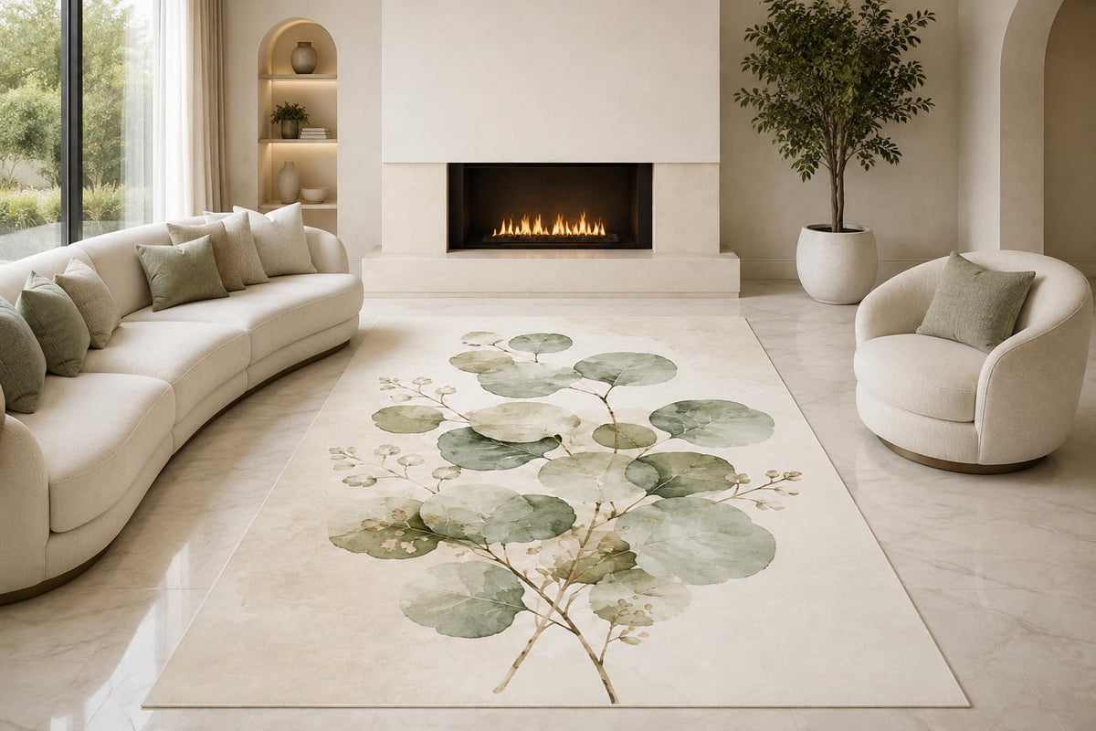 ICE ARMOR "Ultra Lightweight Large 6'7" x 9'10" Eucalyptus Sprig Area Rug for Living Room, Bedroom and Home Office, Soft Low Pile Carpet with Non-Slip Silicone Backing, Sage and Beige