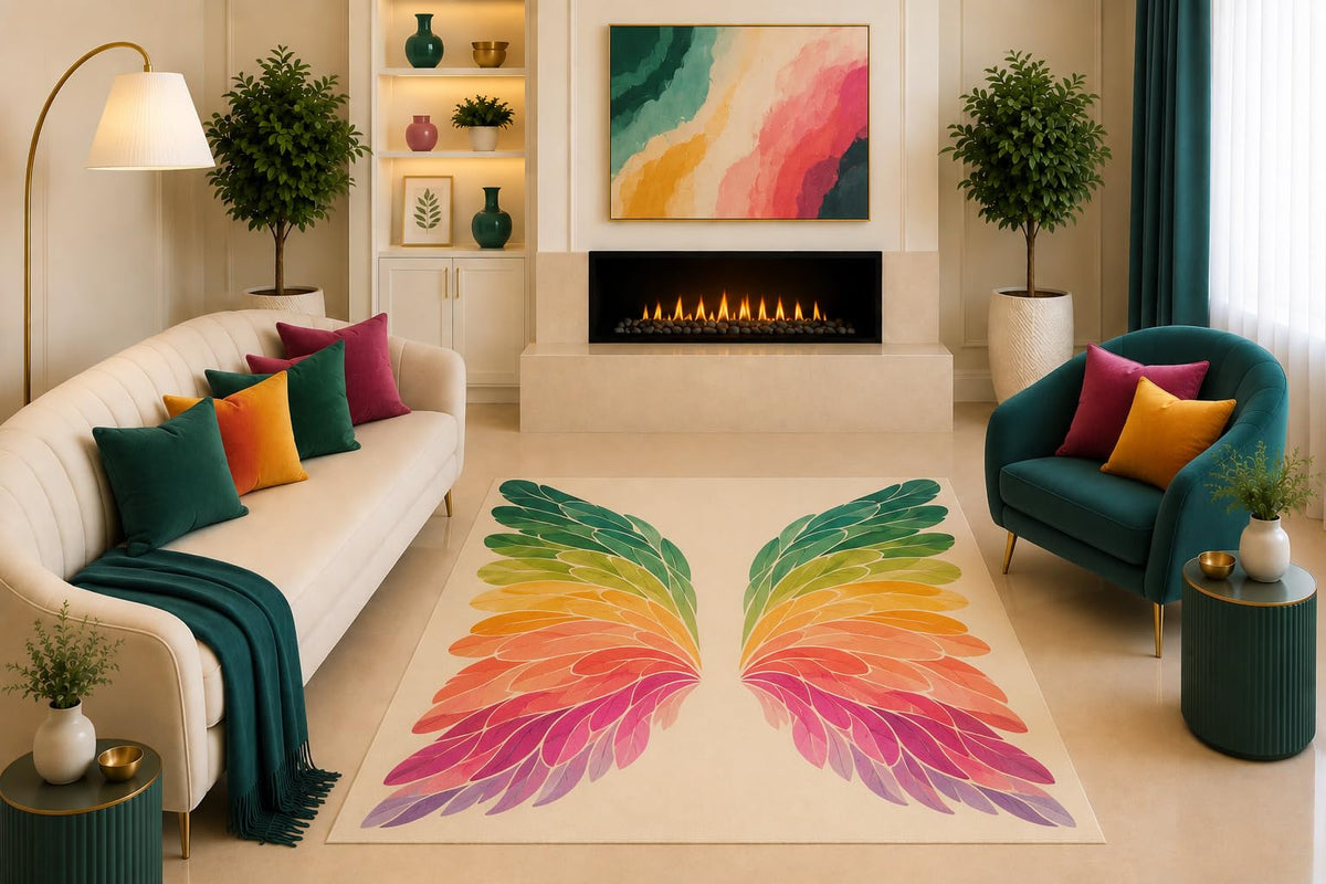 ICE ARMOR "Ultra Light Weight 5' x 7' Rainbow Angel Wings Area Rug Colorful Feather Art for Living Room Bedroom Girls Room Kids Room Nursery Non-Slip Silicone Backing Low Pile