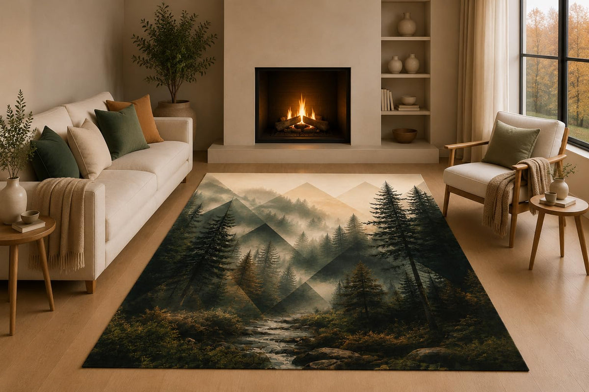 ICE ARMOR 5' x 7' Geometric Forest Landscape Area Rug with Non-Slip Silicone Backing Low Pile Soft Carpet for Living Room Bedroom Office Modern Woodland Decor