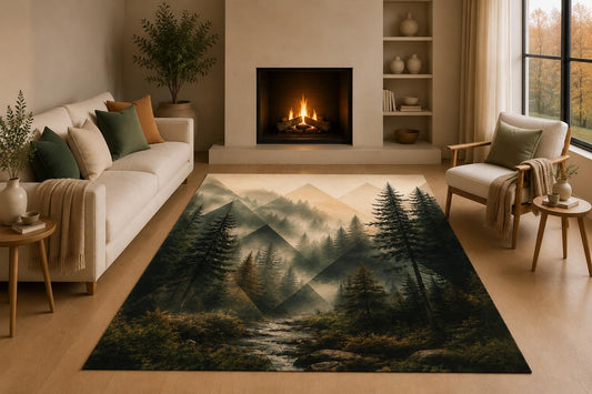 ICE ARMOR 5' x 7' Geometric Forest Landscape Area Rug with Non-Slip Silicone Backing Low Pile Soft Carpet for Living Room Bedroom Office Modern Woodland Decor