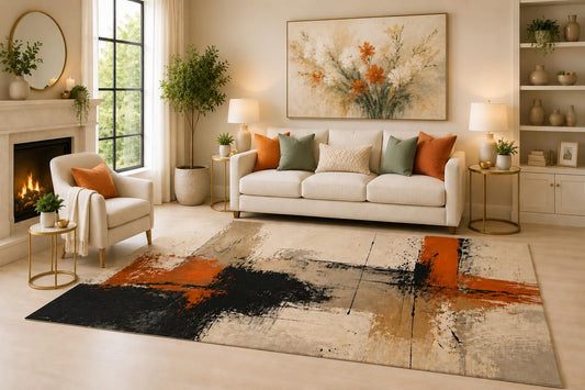ICE ARMOR 6'7" x 9'10" Black Orange Brushwork Area Rug for Living Room, Soft Low Pile Indoor Rug with Non-Slip Silicone Backing, Decorative Carpet for Bedroom, Dining Room and Office, Multicolored