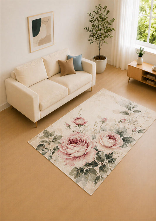 ICE ARMOR 5' x 7' Soft Pink and Ivory Vintage Peony Area Rug for Living Room, Soft Low Pile Carpet with Non-Slip Silicone Backing, Decor for Bedroom and Home Office