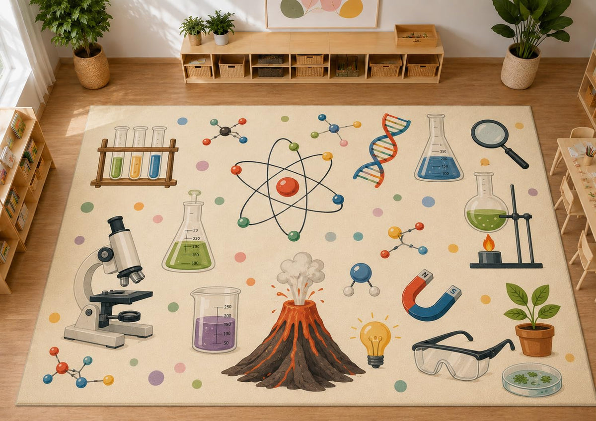 ICE ARMOR Large 6'7" x 9'10" Science Lab Kids Area Rug, Soft Low Pile Indoor Rug with Non-Slip Silicone Backing for Kids Room, Playroom, Ivory