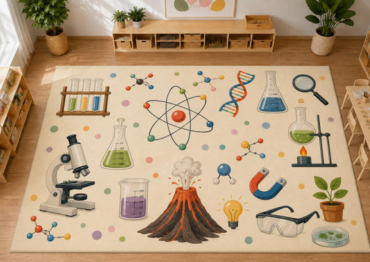 ICE ARMOR Large 6'7" x 9'10" Science Lab Kids Area Rug, Soft Low Pile Indoor Rug with Non-Slip Silicone Backing for Kids Room, Playroom, Ivory