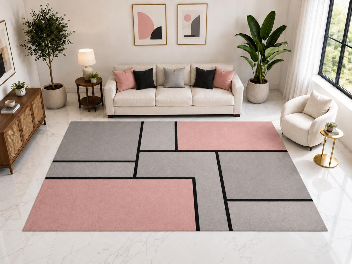 ICE ARMOR "Ultra Light Weight Large 6'7" x 9'10" Linear Geometric Block Rug, Soft Low Pile Indoor Rug, Non-Slip Silicone Backing for Office Pink Gray