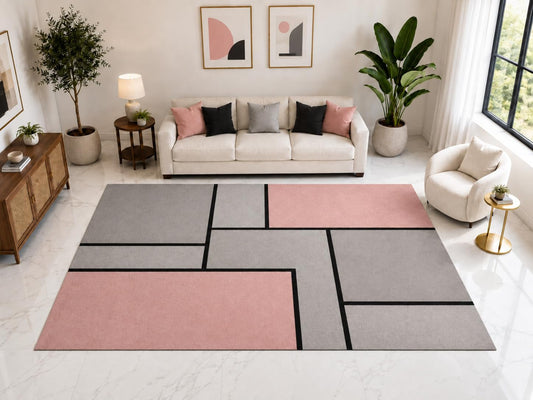 ICE ARMOR "Ultra Light Weight Large 6'7" x 9'10" Linear Geometric Block Rug, Soft Low Pile Indoor Rug, Non-Slip Silicone Backing for Office Pink Gray