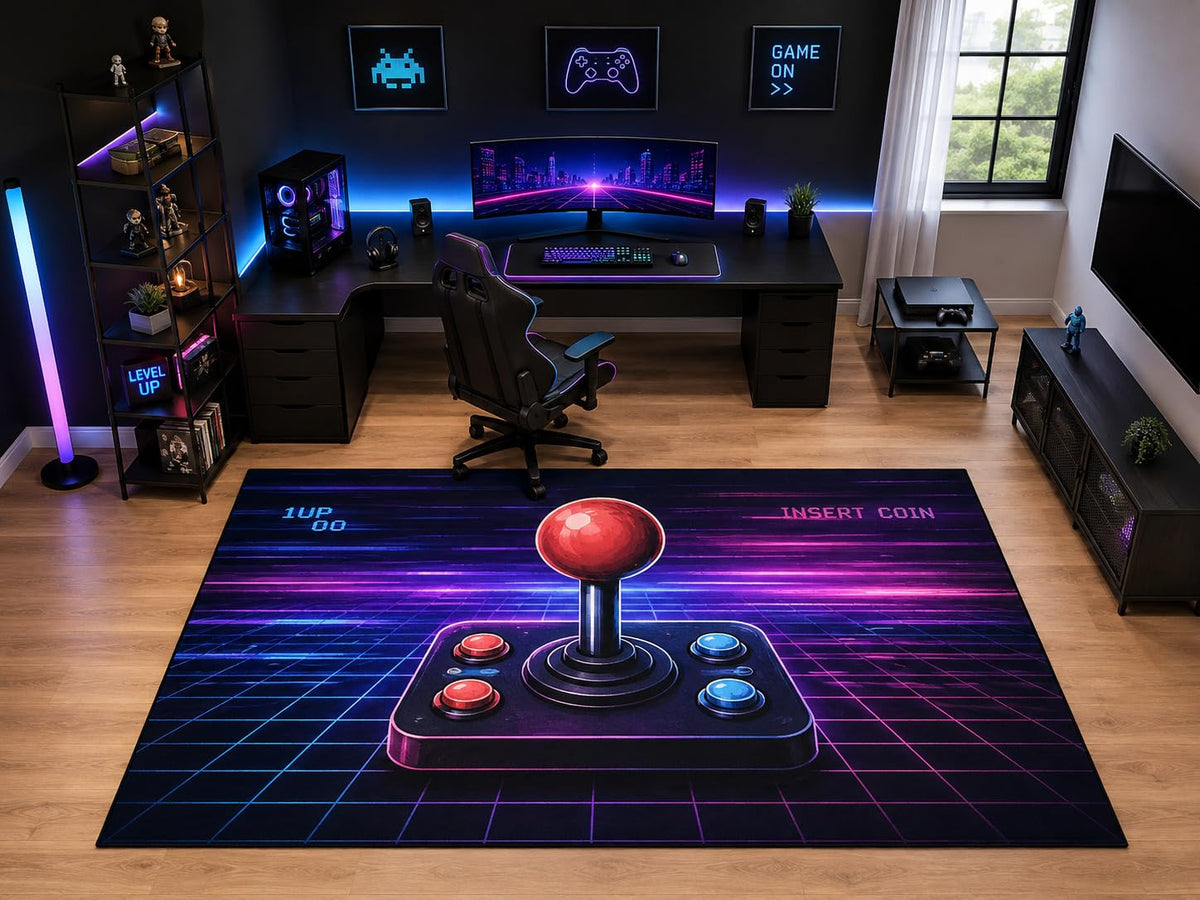 ICE ARMOR "Ultra Light Weight Large 6'7" x 9'10" Neon Arcade Joystick Area Rug for Kids Room Playroom, Soft Low Pile Indoor Rug and Non-Slip Silicone Backing, Black