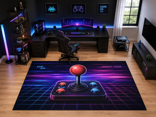 ICE ARMOR "Ultra Light Weight Large 6'7" x 9'10" Neon Arcade Joystick Area Rug for Kids Room Playroom, Soft Low Pile Indoor Rug and Non-Slip Silicone Backing, Black