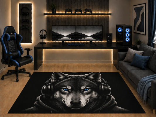 ICE ARMOR "Ultra Light Weight 5' x 7' Black Wolf Blue Eyes Headphones Area Rug Graphic Gamer Animal Art for Gaming Room Teen Bedroom Living Room Non-Slip Silicone Backing Low Pile