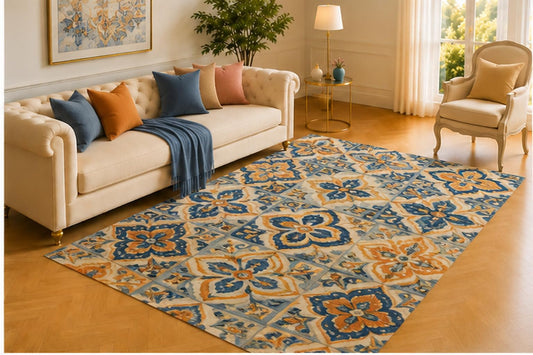 ICE ARMOR 5' x 7' Mediterranean Tile Rug, Blue and Orange Floral Mosaic Squares, Artistic Floor Decor for Kitchen, Dining Room, Entryway or Living Room