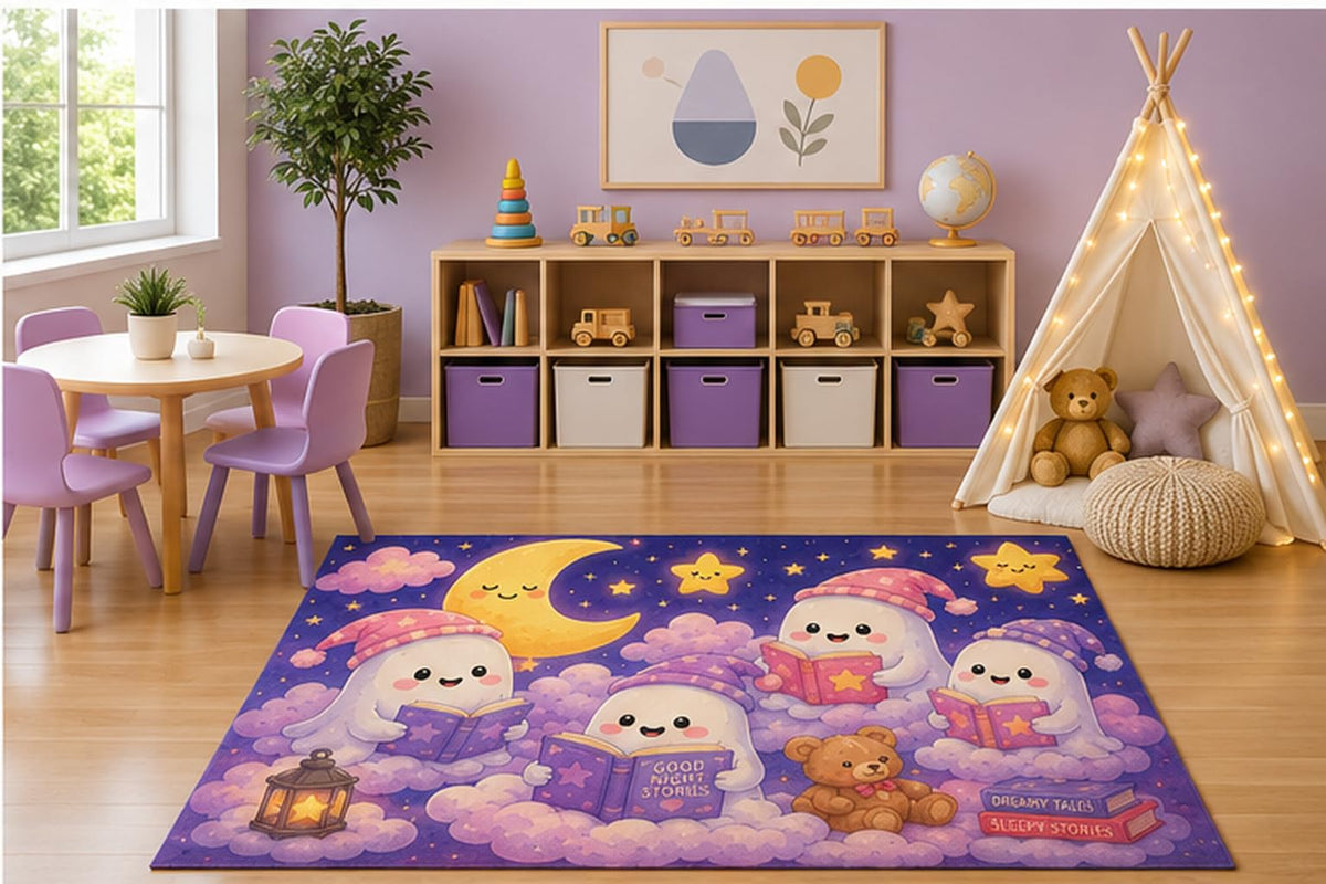 ICE ARMOR 5' x 7' Ghost Bedtime Stories Kids Area Rug, Cute Reading Ghosts Moon Stars Kawaii Cartoon Playroom Nursery Bedroom Reading Nook Decor, Non-Slip Silicone Backing Low Pile