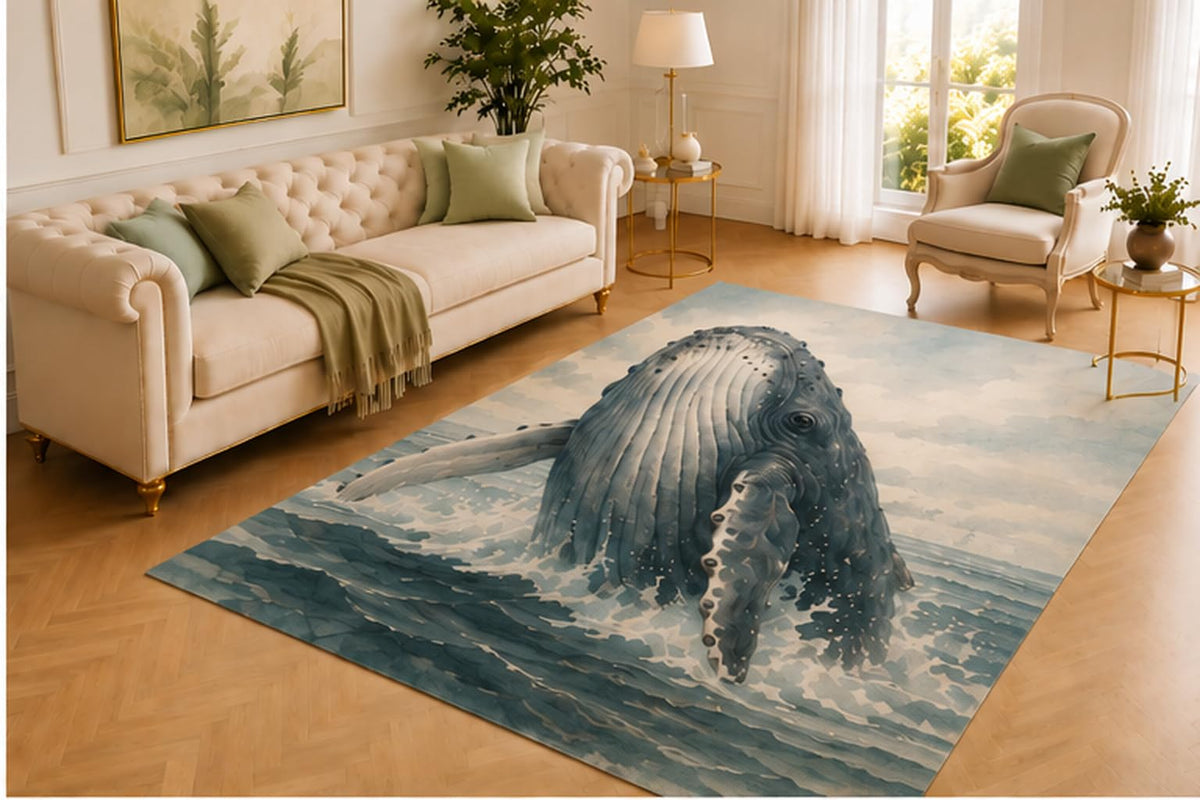ICE ARMOR 5' x 7' Humpback Whale Rug, Majestic Ocean Giant Emerging from Waves, Smooth Printed Floor Cover for Living Room, Bedroom, Office and Coastal Decor