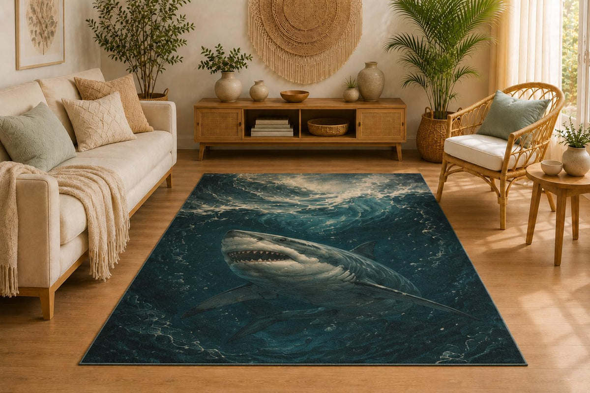 ICE ARMOR 5' x 7' Great White Shark Ocean Area Rug for Living Room, Soft Low Pile Indoor Rug with Non-Slip Silicone Backing, Decorative Carpet for Bedroom, Office & Family Room, Blue