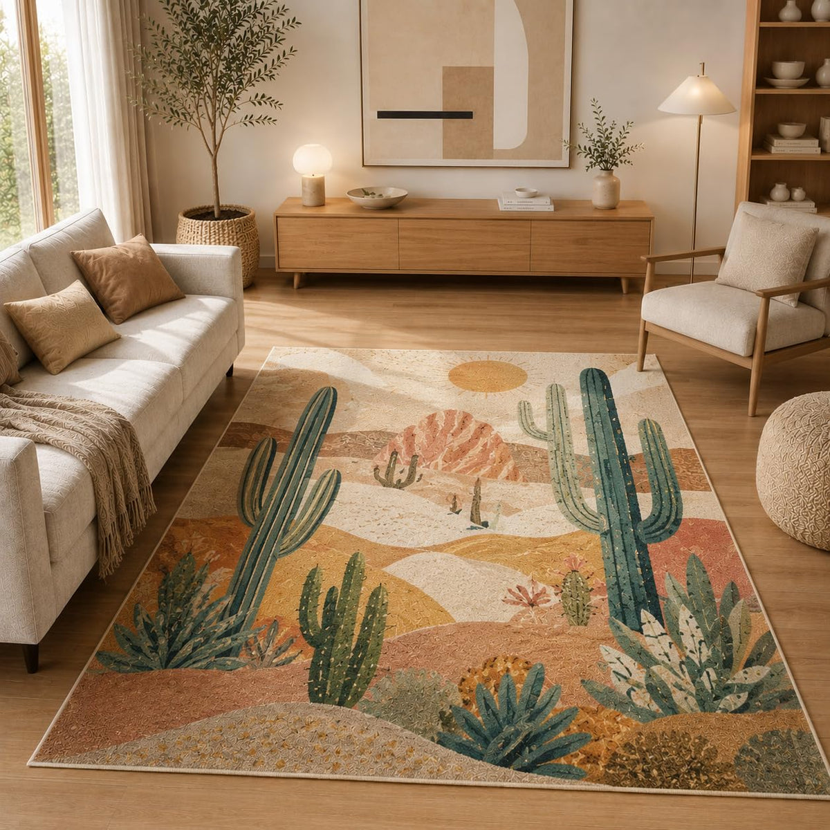 ICE ARMOR 5' x 7' Desert Cactus Area Rug, Soft Low Pile Indoor Rug with Non-Slip Silicone Backing, Southwestern Carpet for Living Room, Bedroom, Office, Family Room, Beige Green