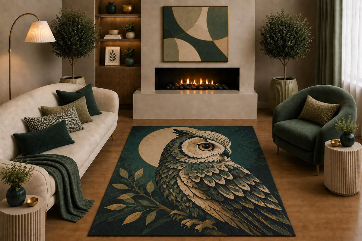 ICE ARMOR "Ultra Light Weight 5' x 7' Green Gold Owl Area Rug Botanical Moon Bird Wildlife Art for Living Room Bedroom Office Decor Non-Slip Silicone Backing Low Pile