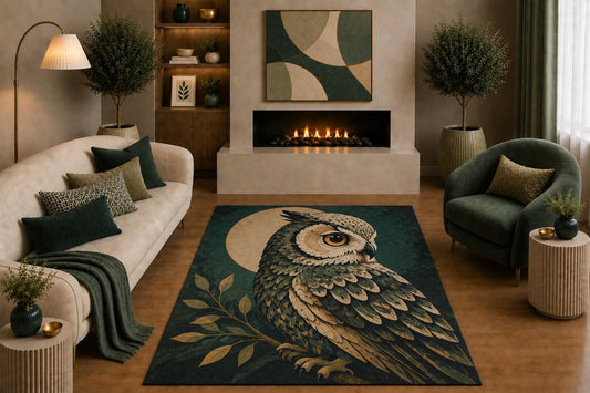 ICE ARMOR "Ultra Light Weight 5' x 7' Green Gold Owl Area Rug Botanical Moon Bird Wildlife Art for Living Room Bedroom Office Decor Non-Slip Silicone Backing Low Pile