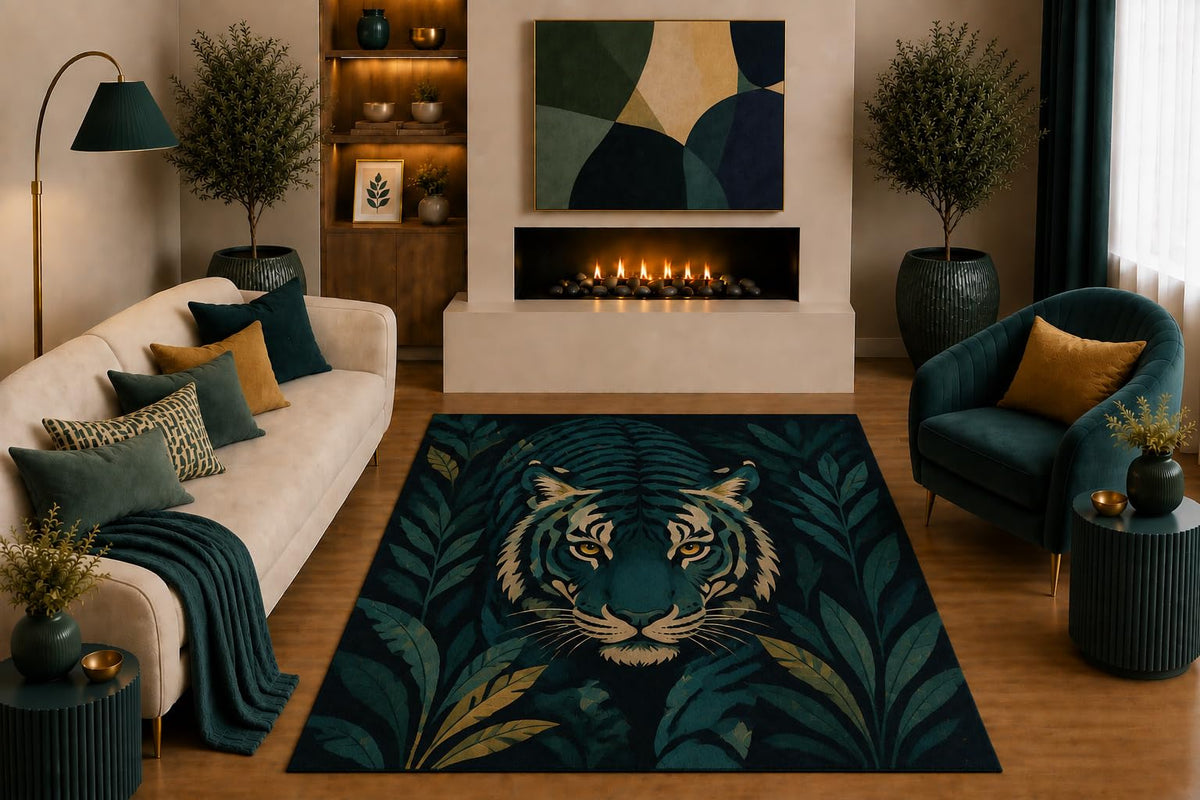 ICE ARMOR "Ultra Light Weight 5' x 7' Tiger Jungle Area Rug Botanical Wildlife Portrait Art for Living Room Bedroom Office Tropical Decor Non-Slip Silicone Backing Low Pile