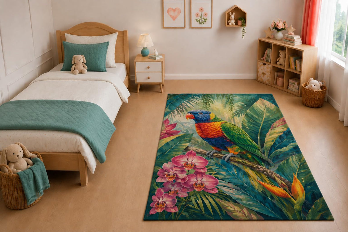 ICE ARMOR "Ultra Light Weight 5' x 7' Lorikeet Orchid Area Rug for Living Room, Bedroom and Home Office, Soft Low Pile Carpet with Non-Slip Silicone Backing, Green and Pink