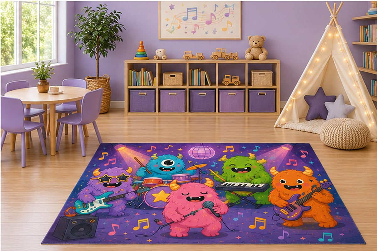 ICE ARMOR 5' x 7' Monster Rock Band Kids Area Rug, Cute Cartoon Music Concert Guitar Drums Keyboard Playroom Nursery Bedroom Decor, Non-Slip Silicone Backing Low Pile