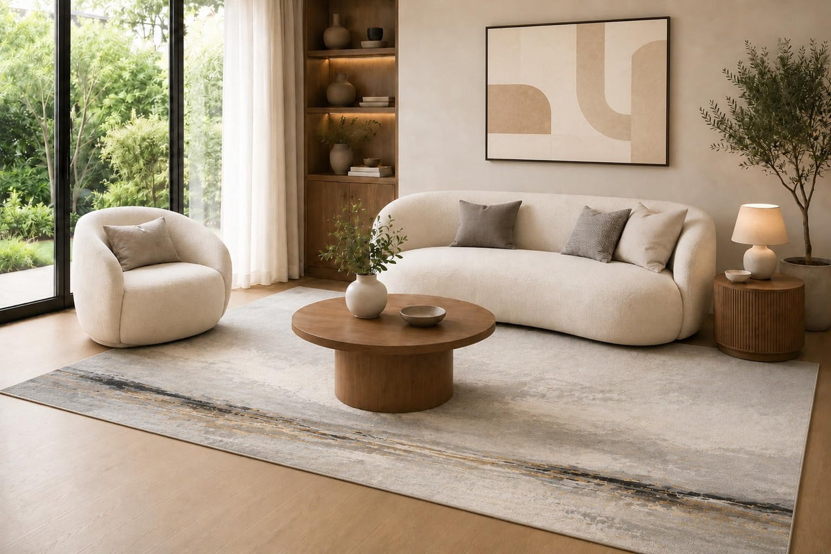 ICE ARMOR 6'7" x 9'10" Light Gray, Ivory and Charcoal Linear Horizon Area Rug for Living Room, Soft Low Pile Carpet with Non-Slip Backing for Bedroom, Dining Room and Home Office