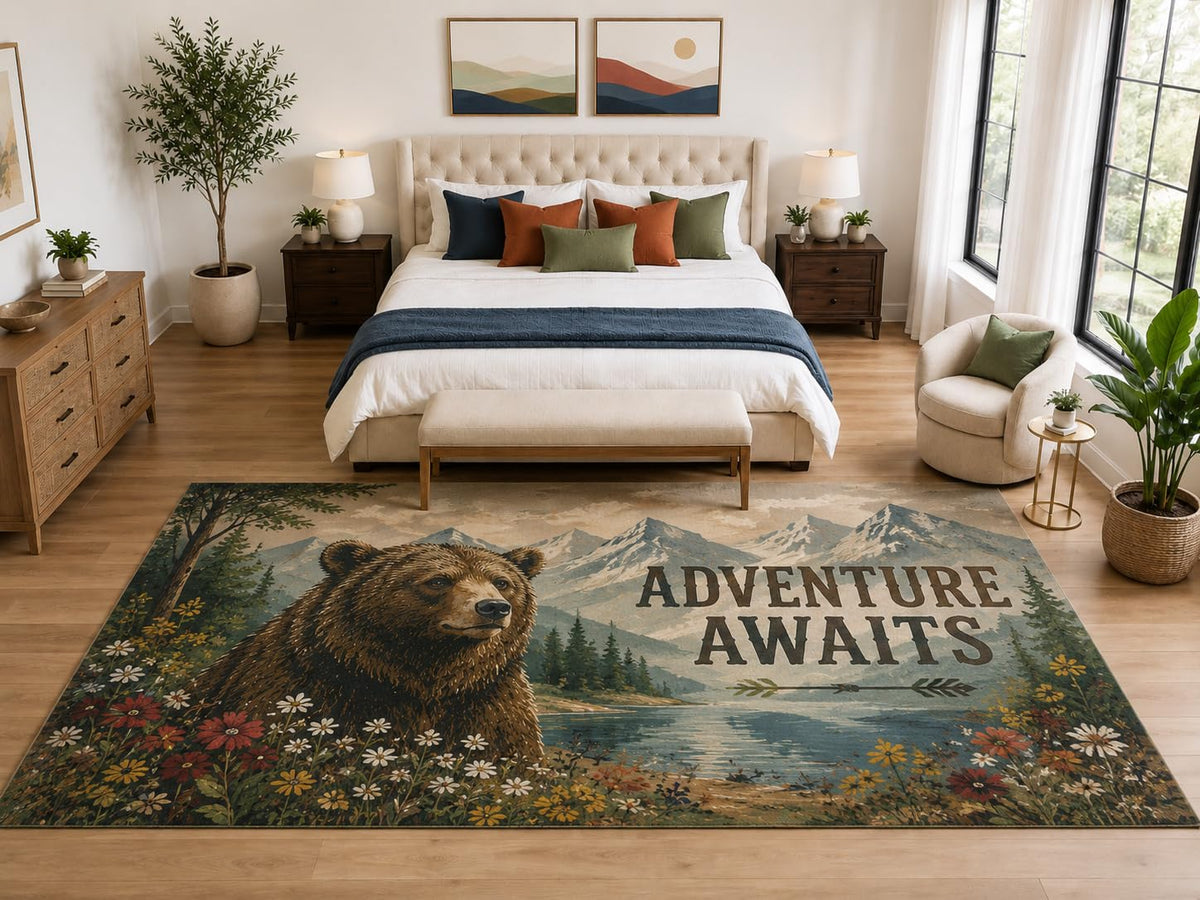 ICE ARMOR "Ultra Light Weight Large 6'7" x 9'10" Adventure Bear Lake Rug, Soft Low Pile Indoor Rug, Non-Slip Silicone Backing, Living Room Blue