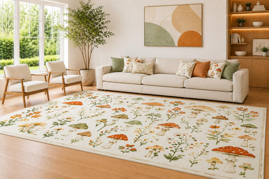 ICE ARMOR Large 6'7" x 9'10" Ivory and Orange Mushroom Floral Area Rug for Living Room, Soft Low Pile Carpet with Non-Slip Silicone Backing, Decor for Bedroom and Home Office