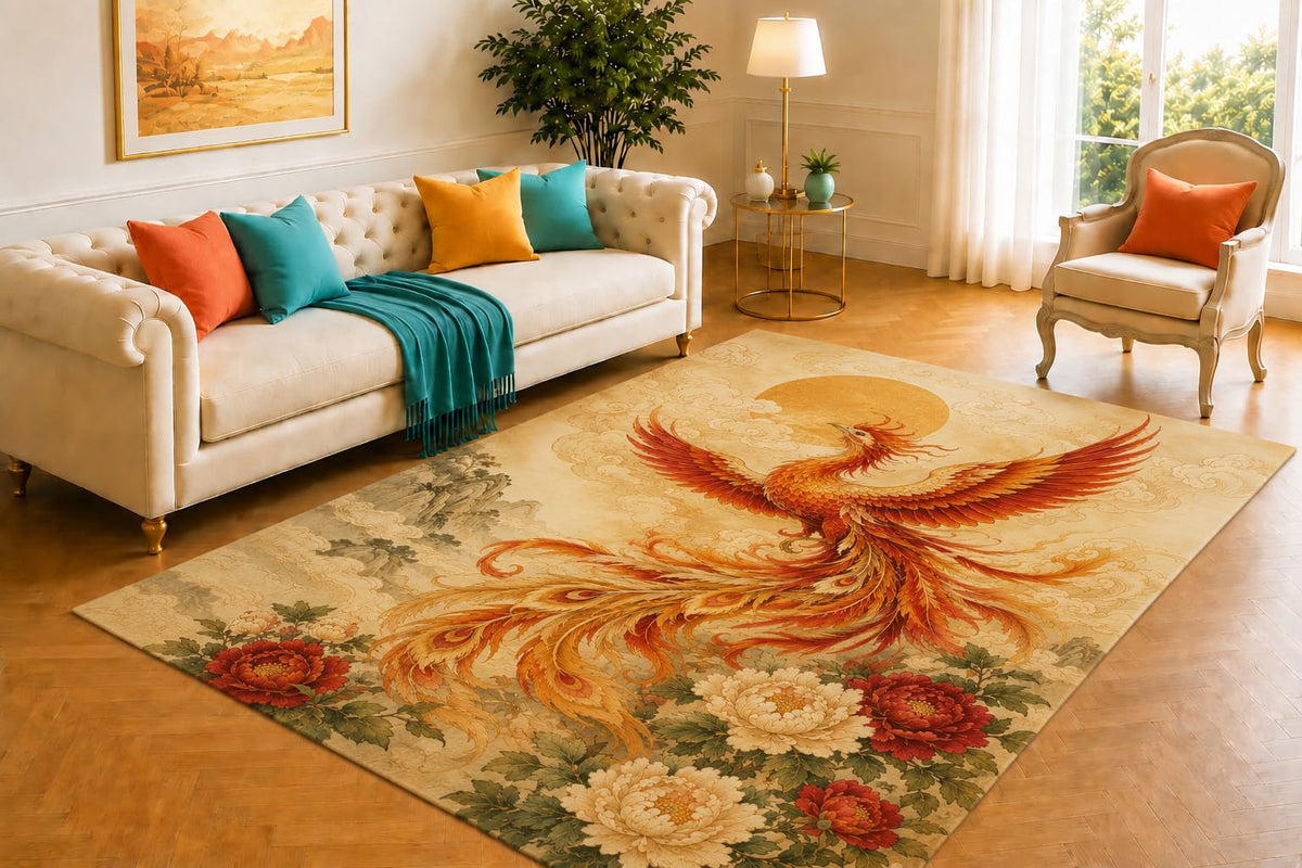 ICE ARMOR 5' x 7' Phoenix Rug, Radiant Fire Bird Flying Through Golden Clouds, Soft Floor Cover for Living Room, Bedroom, Office, Game Room and Fantasy Decor