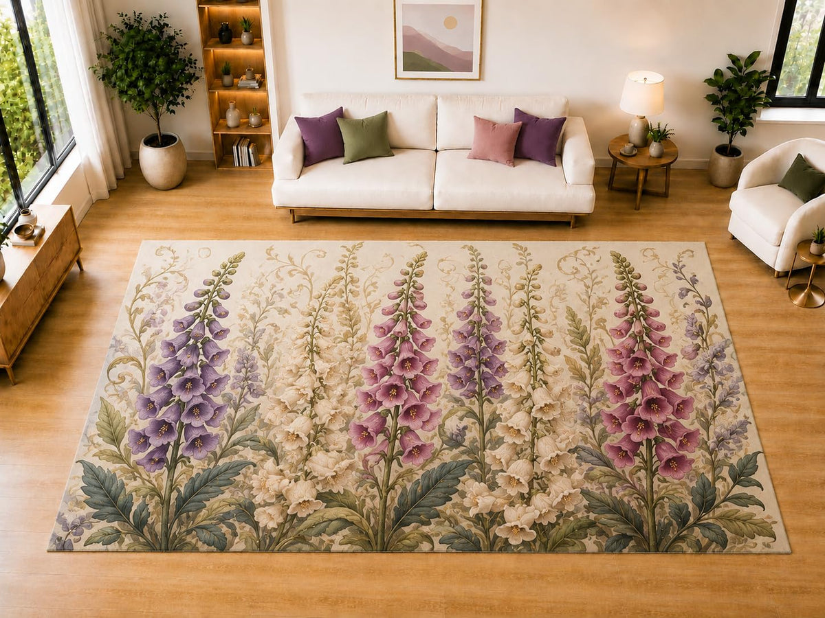 ICE ARMOR "Ultra Light Weight Large 6'7" x 9'10" Foxglove Garden Area Rug for Living Room Bedroom Dining Room, Soft Low Pile Non-Slip Backing, Purple Pink Cream Sage Botanical Decor