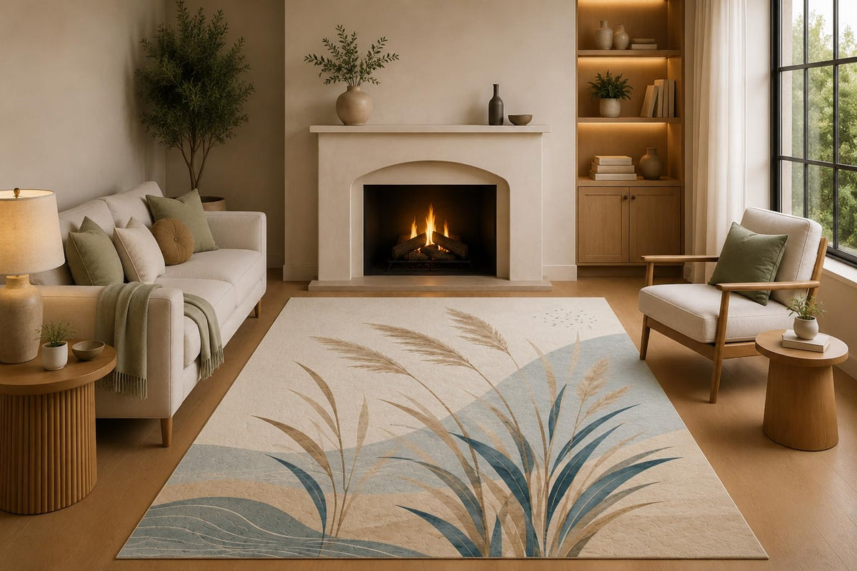ICE ARMOR 5' x 7' Coastal Botanical Area Rug with Non-Slip Silicone Backing Low Pile Soft Carpet for Living Room Bedroom Blue Pampas Grass Beach Style Decor