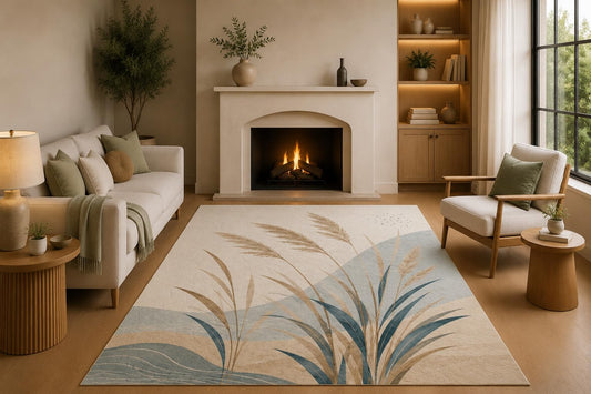 ICE ARMOR 5' x 7' Coastal Botanical Area Rug with Non-Slip Silicone Backing Low Pile Soft Carpet for Living Room Bedroom Blue Pampas Grass Beach Style Decor