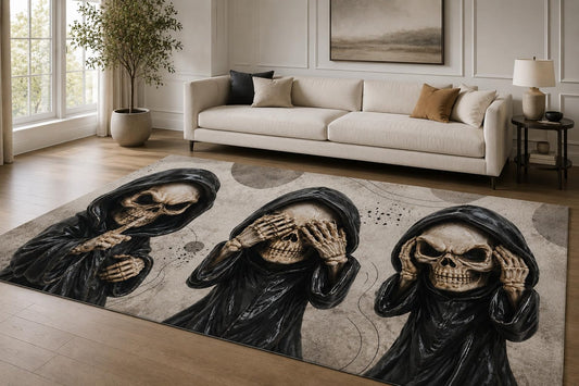 ICE ARMOR "Ultra Lightweight Large 6'7" x 9'10" Three Wise Reapers Area Rug for Living Room, Bedroom and Home Office, Soft Low Pile Carpet with Non-Slip Silicone Backing, Black and Gray