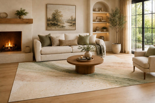 ICE ARMOR Large 6'7" x 9'10" Sage Green and Blush Pink Sweeping Watercolor Area Rug for Living Room, Soft Low Pile Carpet with Non-Slip Silicone Backing, Decor for Bedroom and Home Office