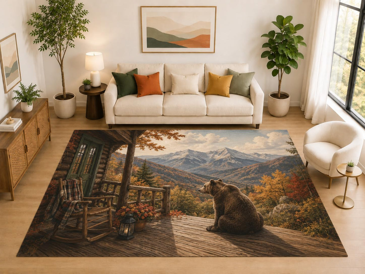 ICE ARMOR "Ultra Light Weight Large 6'7" x 9'10" Bear Cabin Porch Rug for Bedroom, Soft Low Pile Indoor Rug and Non-Slip Silicone Backing, Brown