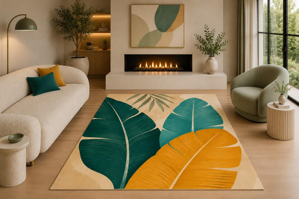 ICE ARMOR 5' x 7' Tropical Banana Leaf Area Rug Modern Botanical Palm Leaf Coastal Living Room Bedroom Dining Room Home Decor Non-Slip Silicone Backing Low Pile