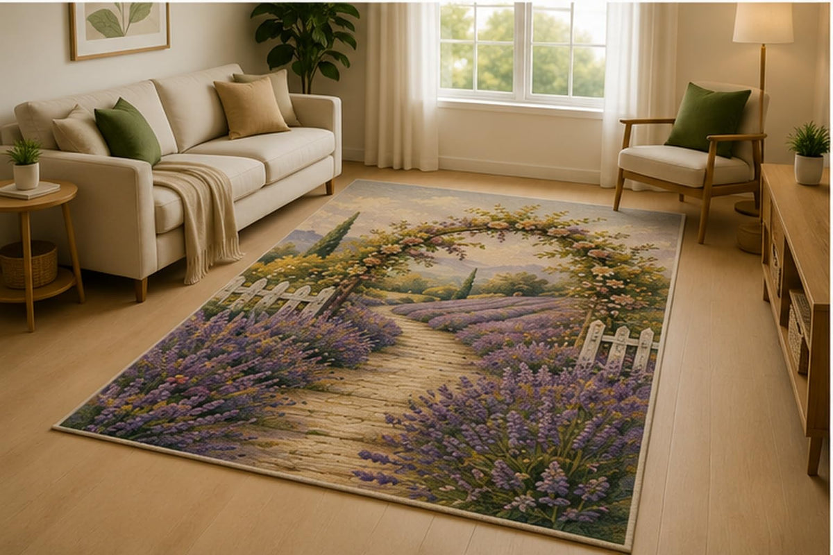 ICE ARMOR 5' x 7' Lavender Garden Path Area Rug for Living Room, Soft Low Pile Indoor Rug with Non-Slip Silicone Backing, Bedroom, Family Room, Purple Cream