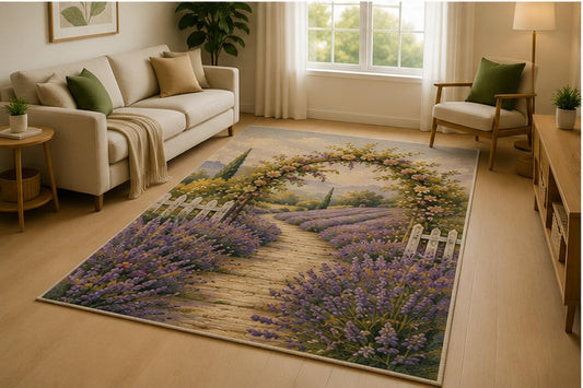 ICE ARMOR 5' x 7' Lavender Garden Path Area Rug for Living Room, Soft Low Pile Indoor Rug with Non-Slip Silicone Backing, Bedroom, Family Room, Purple Cream