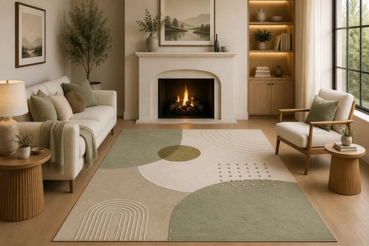 ICE ARMOR 5' x 7' Modern Abstract Area Rug with Non-Slip Silicone Backing Low Pile Soft Carpet for Living Room Bedroom Office Sage Green Geometric Minimalist Decor