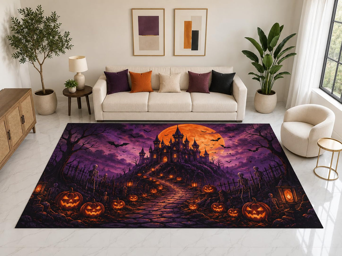 ICE ARMOR "Ultra Light Weight Large 6'7" x 9'10" Haunted Castle Pumpkin Rug, Soft Low Pile Indoor Rug, Non-Slip Silicone Backing for Living Room Purple