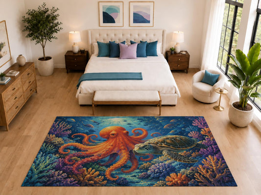 ICE ARMOR "Ultra Light Weight Large 6'7" x 9'10" Octopus Turtle Rug for Family Room, Soft Low Pile Indoor Rug and Non-Slip Silicone Backing, Blue