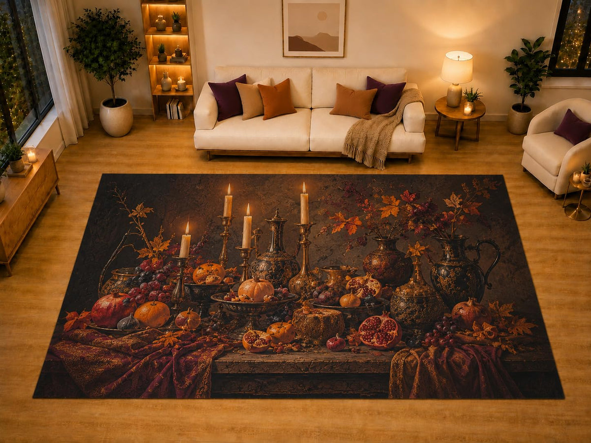 ICE ARMOR "Ultra Light Weight Large 6'7" x 9'10" Gothic Harvest Table Area Rug for Living Room Bedroom Dining Area, Soft Low Pile Non-Slip Backing, Black Burgundy Orange Autumn Decor