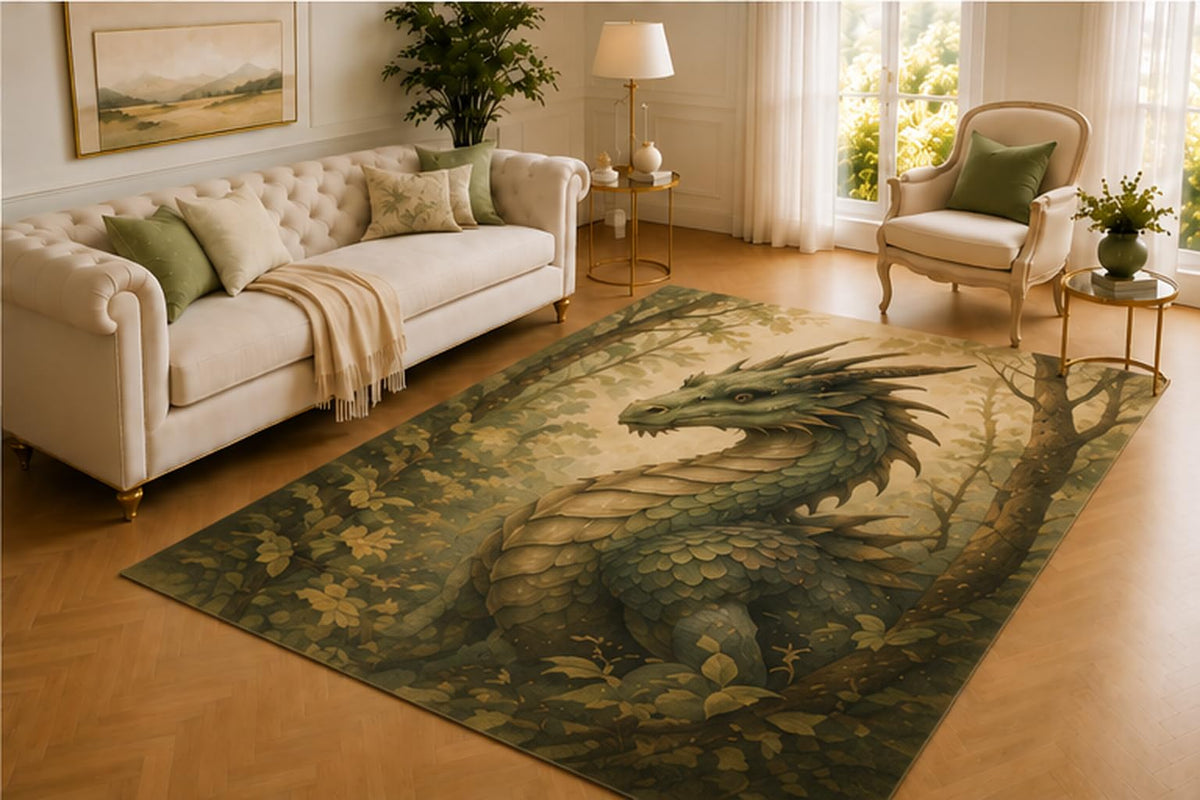 ICE ARMOR 5' x 7' Forest Dragon Rug, Majestic Green Mythical Creature Among Woodland Leaves, Soft Floor Cover for Living Room, Bedroom, Study and Fantasy Decor